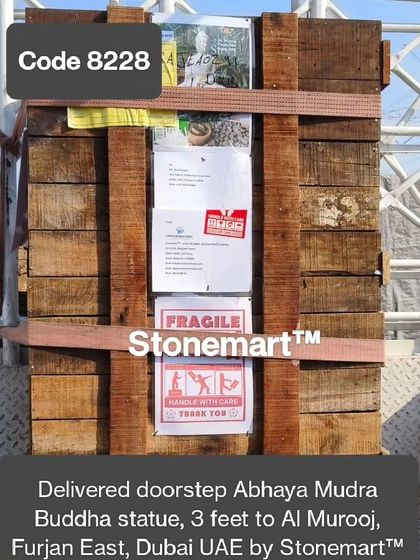 This crate containing a 3-foot Abhaya Mudra Buddha statue has successfully reached Dubai, UAE, and is ready for doorstep delivery. We manage international shipping to ensure our masterpieces arrive safely anywhere in the world.
