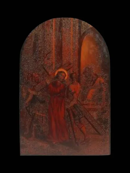 A duplicate of one of the darker, more atmospheric paintings from the 'Way of the Cross' series. The dramatic lighting and composition are characteristic of religious art of this era.