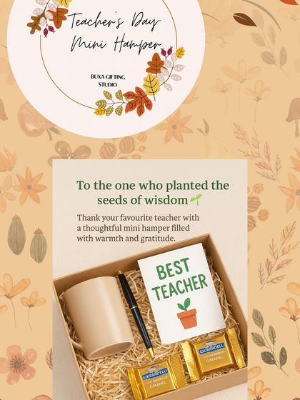 An idea for a Teacher's Day mini hamper, including a "Best Teacher" card, a mug, a pen, and some chocolates.