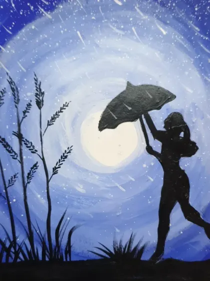 A close-up of the finished monsoon painting. With step-by-step guidance, even absolute beginners are surprised by the beautiful art they can create in just one session.