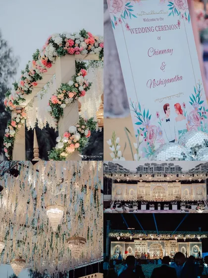 A collage showcasing the different elements of a grand wedding we decorated, from the floral entrance arch and custom invitation to the massive palace stage.