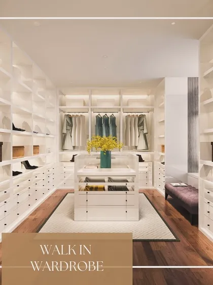The quintessential walk-in wardrobe, designed for the ultimate collector. This all-white closet provides a clean, bright canvas to showcase clothing and accessories, with endless shelving, drawers, and a central island for a truly organized lifestyle.