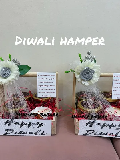 Two of our popular pinewood basket Diwali hampers, ready for delivery. They come with a personalized note, making them a thoughtful gift for friends, family, or colleagues.