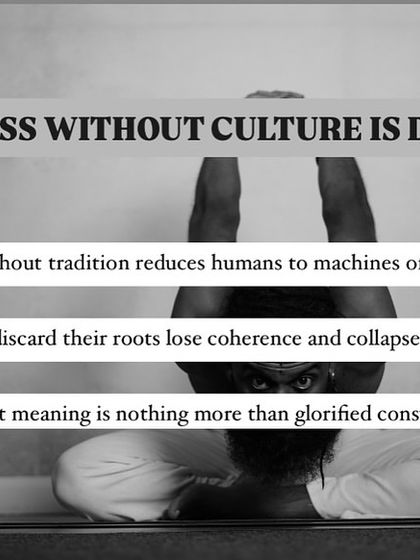 A challenging arm balance, demonstrating the principle that progress without a connection to one's cultural and spiritual roots is a form of decay. True growth is meaningful, not just a form of consumption.