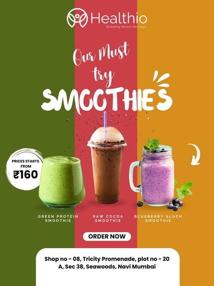 A look at our must-try smoothies. This graphic features our Green Protein Smoothie, Raw Cocoa Smoothie, and Blueberry Slush Smoothie, all made with organic ingredients and starting at just ₹160.