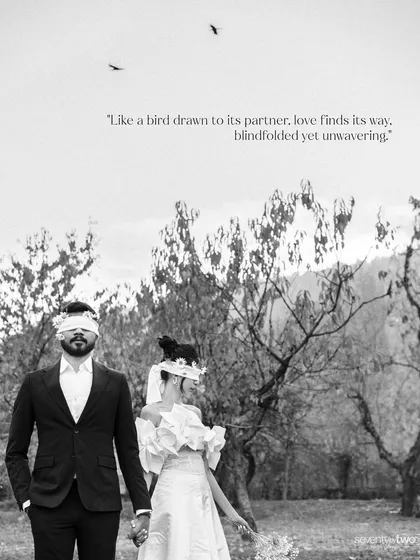 "Like a bird drawn to its partner, love finds its way, blindfolded yet unwavering." This artistic, black and white portrait uses the concept of blind trust to tell a powerful story.