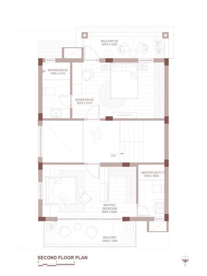 The second floor plan details the layout of the private bedrooms and bathrooms, each with access to balconies and views.