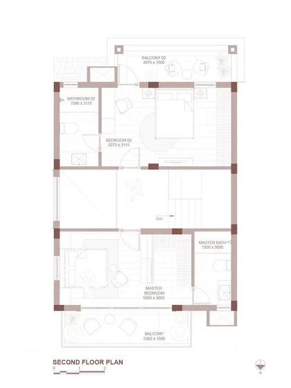 The second floor plan details the layout of the private bedrooms and bathrooms, each with access to balconies and views.