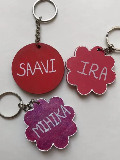 This is the other side of the keychains, where the personalisation comes in. I hand-letter each name, like 'Saavi', 'Ira', and 'Mihika', to make these perfect as custom bag tags or gifts.