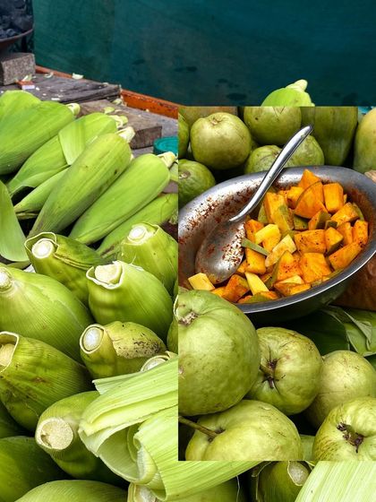 A collage of fresh market produce, including corn on the cob and a bowl of spiced raw mango.