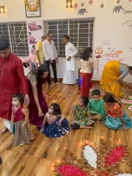 Our entire yoga family, from the youngest to the oldest, participating in the Deepotsava. Festivities like these are the easiest way to strengthen relationships among students and make them feel part of a community that is beyond family and friends.