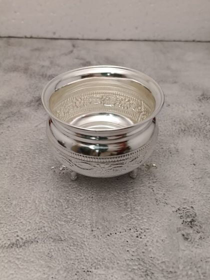 Another angle of the German silver bowl, showing its polished interior.