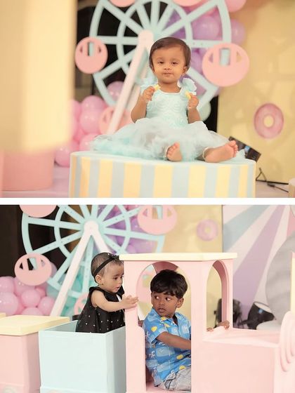 A collage of children enjoying the pastel candyland party, with one sitting on a prop and two others playing in a pink train.