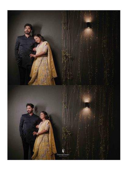 A diptych of the couple posing against a modern, minimalist background during their engagement shoot.