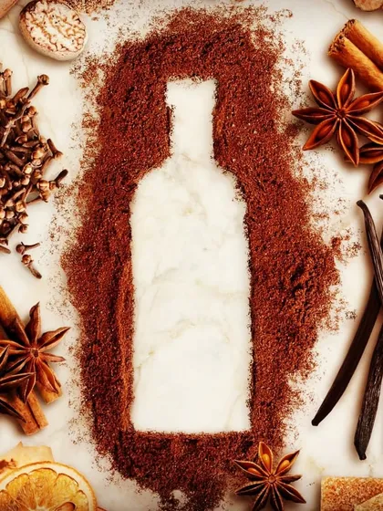 Can you guess the bottle from the spices? This image, showing the silhouette of a bottle made from spices like cinnamon, star anise, and cloves, represents our focus on fresh, aromatic ingredients.