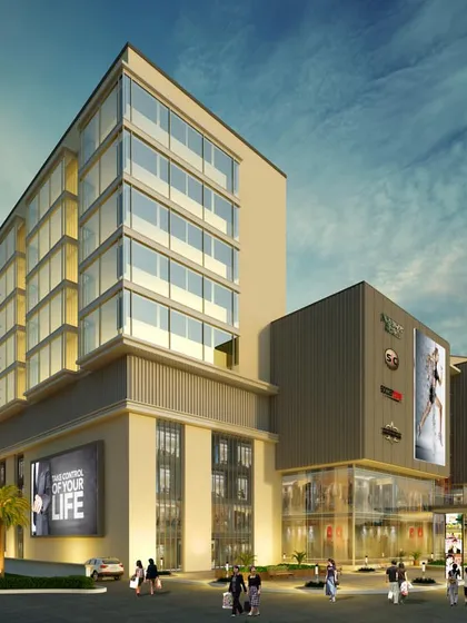 This conceptual render shows the retail and hotel portion of a large-scale mixed-use development. Our work often involves creating integrated environments where living, commerce, and leisure coexist seamlessly within a single architectural plan.