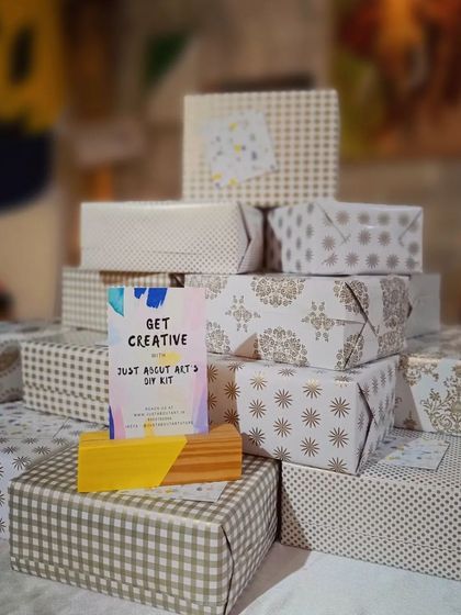 Our DIY Art Kits, all wrapped and ready to go. These make wonderful, creative gifts for birthdays and holidays, encouraging imagination and messy fun.