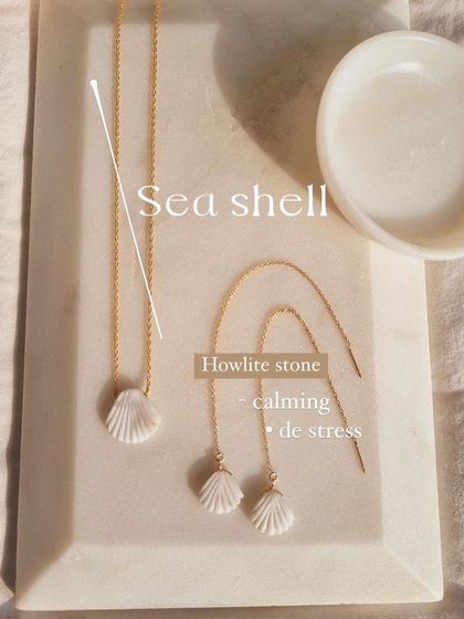 My beach collection, featuring the Howlite shell sui dhaga earrings and matching pendant. Howlite is a calming stone that teaches patience and helps de-stress.
