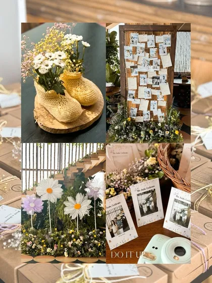 A collection of personalized details from a baby shower. This includes a photo memory board, custom printed cards, and unique floral arrangements in tiny crocheted booties, all designed to celebrate the family's story.
