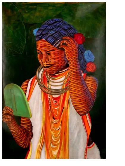 A clear, still image of the painting 'Shringar.' The focus on the woman's reflection in the mirror speaks to themes of identity and self-perception, filtered through the lens of cultural heritage.