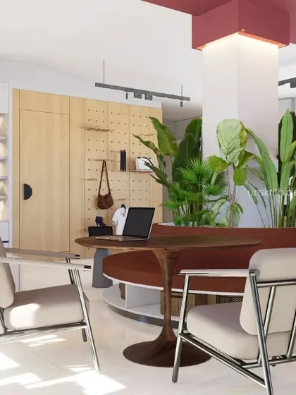 My renovation work extends to commercial spaces too. This is a concept for a luxury brand showroom in Bangalore, designed to be a studio office and retail space. The goal was to create a bright, airy, and sophisticated environment that reflects the high-end nature of the couture brands it houses.