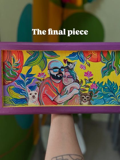 This custom housewarming gift is a perfect example of my expressive style. The client gave me complete creative freedom to capture the couple and their pets, not just as a photo, but as a feeling.