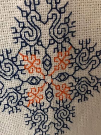 A detailed look at a Kasuti motif inspired by a peacock. This design shows how traditional patterns often draw from the natural world, rendered in a unique, geometric style.