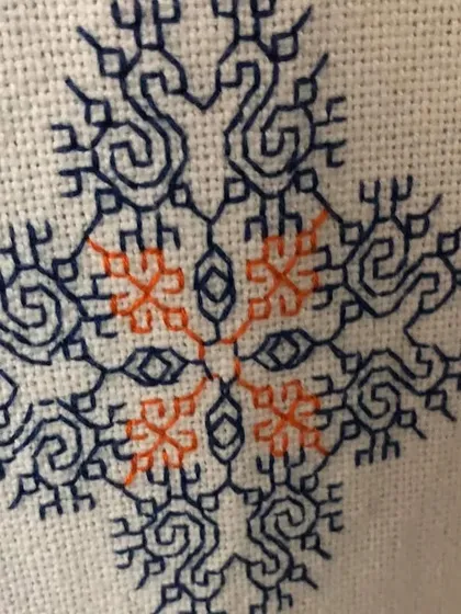 Another example of an intricate Kasuti motif, combining geometric shapes with flowing, organic lines to create a unique design.