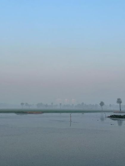 A wide, minimalist landscape of Surajpur wetland on a foggy morning. The calm water and distant trees create a serene and contemplative mood.