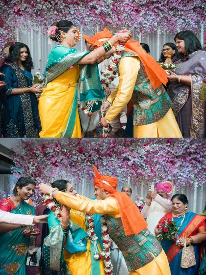 A collage showing the fun and playful garland exchange ceremony.