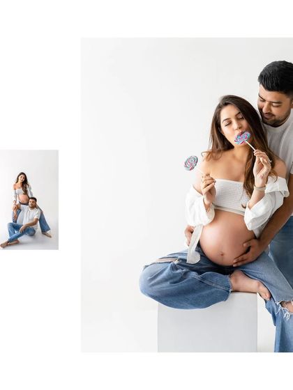 A collage that captures a fun, sweet moment between the couple. The lollipops add a touch of whimsy to this loving and casual maternity shoot.
