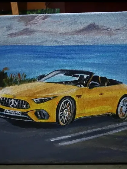 As an engineer at Mercedes, it was a special moment to paint this yellow AMG for a mentor who has had a huge impact on my life. This piece blends my professional world with my artistic passion. I focused on capturing the car's sleek design and powerful presence against a serene coastal backdrop.