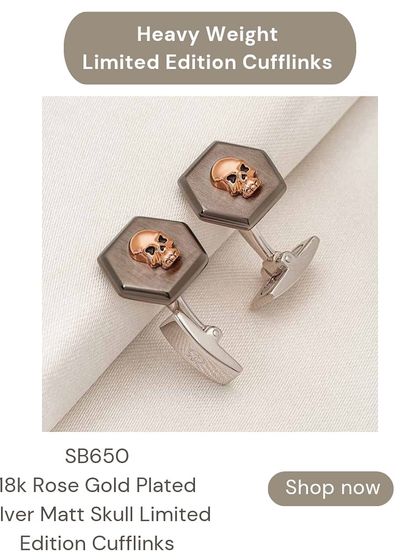 This pair of limited edition cufflinks features a rose gold plated skull on a dark matte base. They are crafted from heavy 92.5 silver for a premium feel.