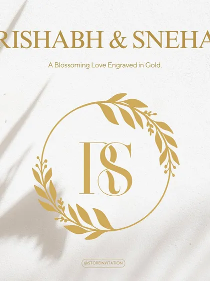 This monogram for Rishabh and Sneha features their initials 'RS' nestled within a golden wreath. The design is meant to signify a blossoming love, engraved in gold, representing unity and natural elegance.