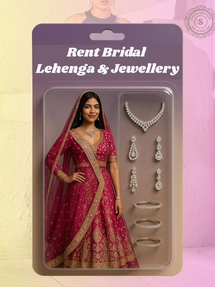 Our beautiful rental lehenga and jewellery, presented in a fun toy store style! This shows you can get the complete, perfect bridal look all in one place.