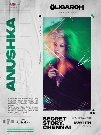 The poster for my gig at Secret Story, Chennai. The design reflects the variety of styles I play, from edgy breaks to hypnotic grooves.