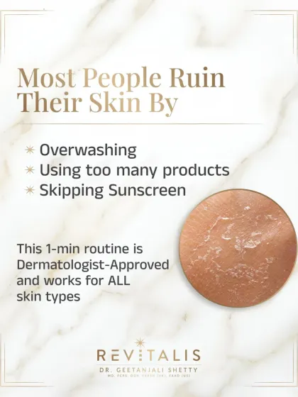 The 3 Mistakes Most People Make: Overwashing, Too Many Products, Skipping Sunscreen. This slide identifies the common pitfalls that ruin skin health and introduces the simple, effective 60-second routine as the solution.