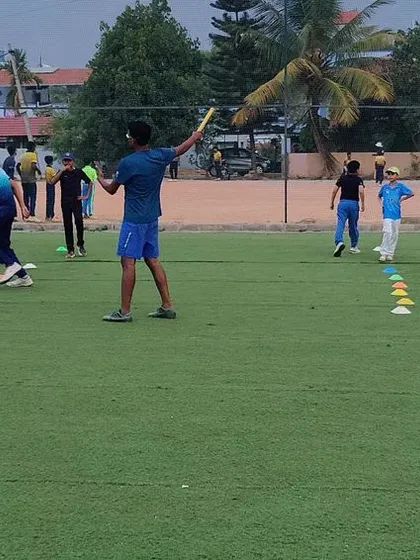 A fielding drill using cones to mark positions. This helps in teaching players about field placements and angles.