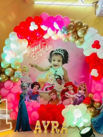 The same princess setup without the party lights, showing the vibrant balloon colors.