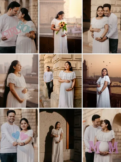A large collage showcasing the variety of shots from a single maternity session. I provide a wide range of images, from couple portraits to creative prop shots.