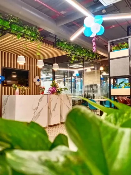 Here is a closer look at the finished reception desk for an office in Navi Mumbai. The combination of a marble-finish front, warm wood slat paneling, and hanging planters creates a professional and welcoming first impression for clients and visitors.