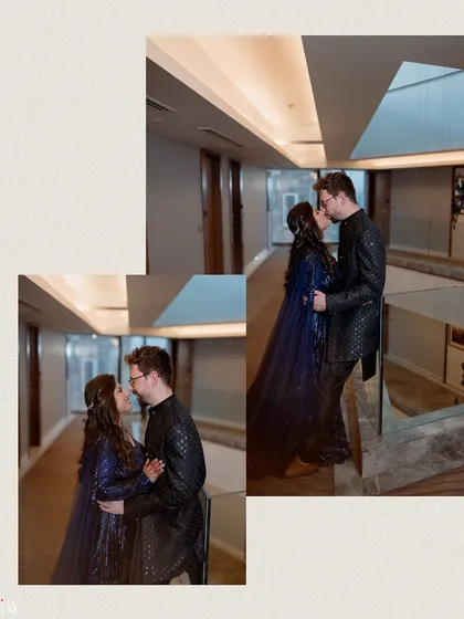 A collage showing the couple sharing a kiss and an embrace in a hotel hallway. This format captures the progression of a romantic moment from multiple perspectives.