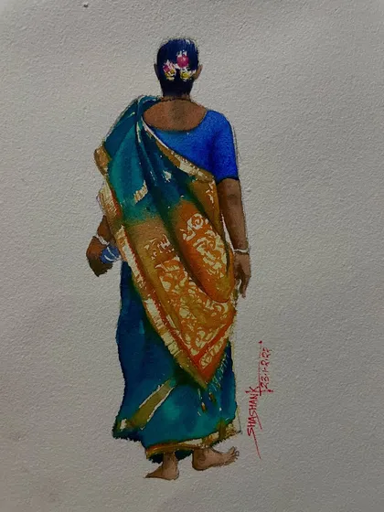 The back view of a figure can tell its own story. In this watercolor painting, I was fascinated by the intricate patterns of the saree and the flowers in her hair, using rich blues and golds.