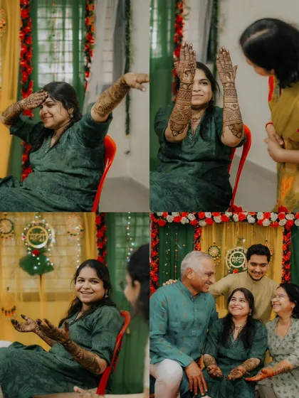A collage of candid moments from the Mehndi party, showing the bride having fun and celebrating with her family.