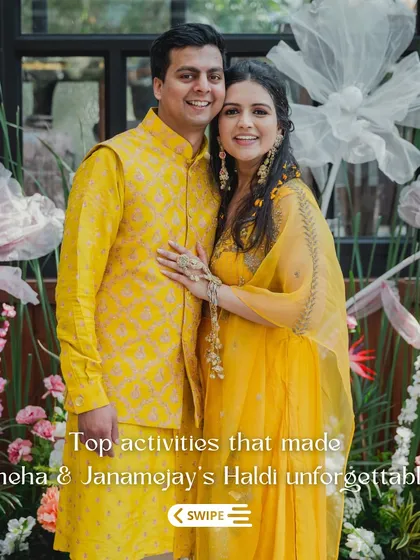 A collage showcasing the top activities from a Haldi, including polaroid cameras, caricature artists, and tea leaf readers.