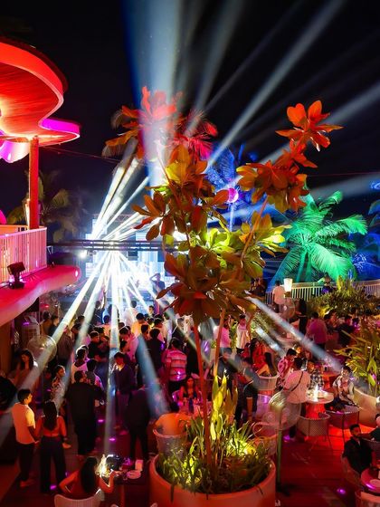 An overview of the massive crowd and light show at a New Year's Eve event. This demonstrates the scale of the events I'm experienced in playing.