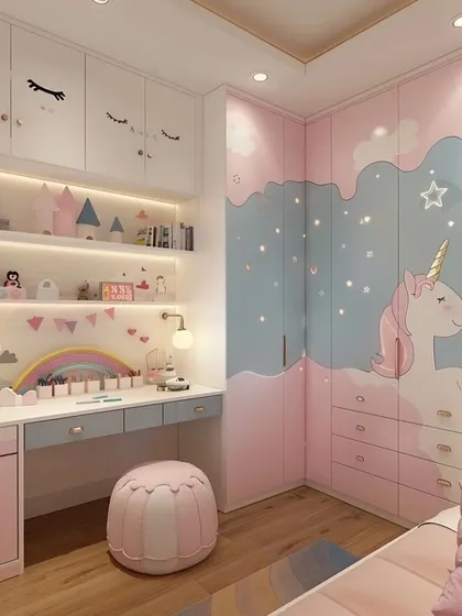 A dreamy kids' room with a corner wardrobe adorned with a large unicorn and starry sky motif. The attached study area has open shelving, drawers, and integrated lighting.