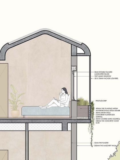 A detailed section drawing helps us visualize the human experience within a space. This illustration for the Vagator Villas shows how a resident might interact with the bedroom, highlighting the connection between the interior and the outdoor planter.
