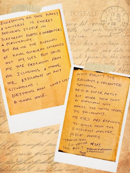 "My eyes are refusing to move from the excellent master piece made." Vicky's handwritten testimonial praising the artist's magical ability to make the tattoo speak.