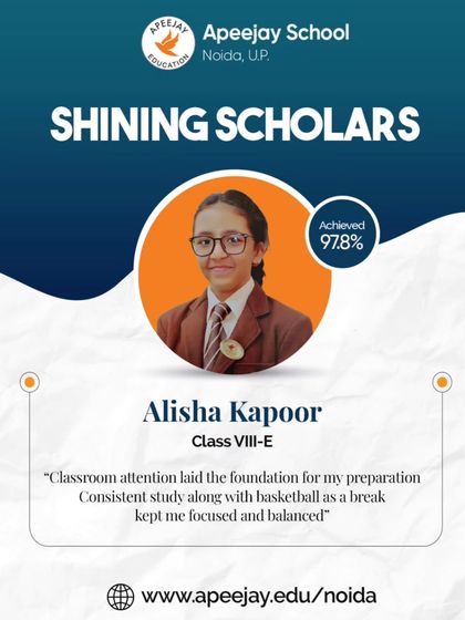 Our shining scholar, Alisha Kapoor, exemplifies resilience and brilliance, achieving an outstanding 97.8%. Her success, balanced with her passion for basketball, reflects the academic rigor and values upheld at our school.